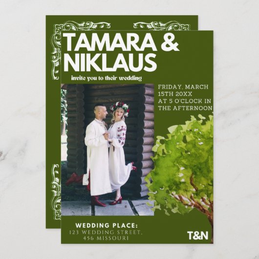 Elegant vet bos groen slavisch foto bruiloft kaart (Voorkant / Achterkant)