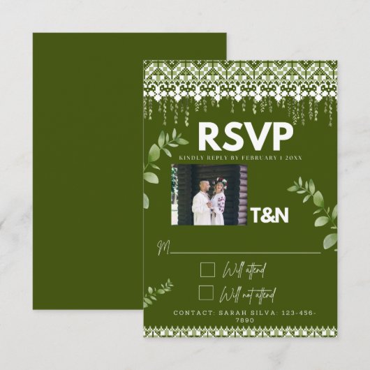 Elegant vet bos groen slavisch foto bruiloft RSVP kaartje (Voorkant / Achterkant)