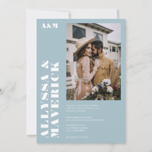 Elegant Vet eenvoudig wit ijsblauw foto bruiloft Kaart (Voorkant)