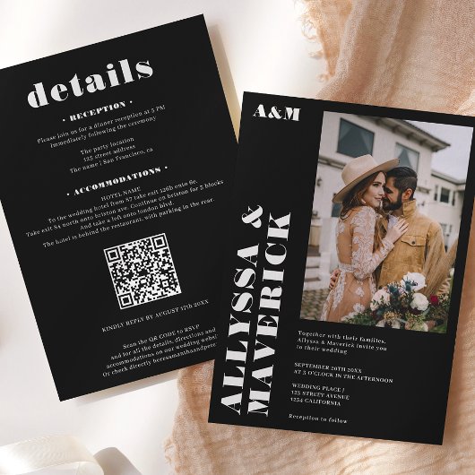 Elegant Vet eenvoudig wit zwart foto bruiloft Kaart