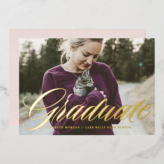 Elegant vet kalligrafie foto Afstuderen goud Folie Uitnodiging (Voorkant / Achterkant)