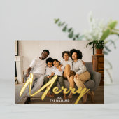 Elegant vet merry borstel script foto echt goud folie feestdagenkaart (Staand Voorkant)