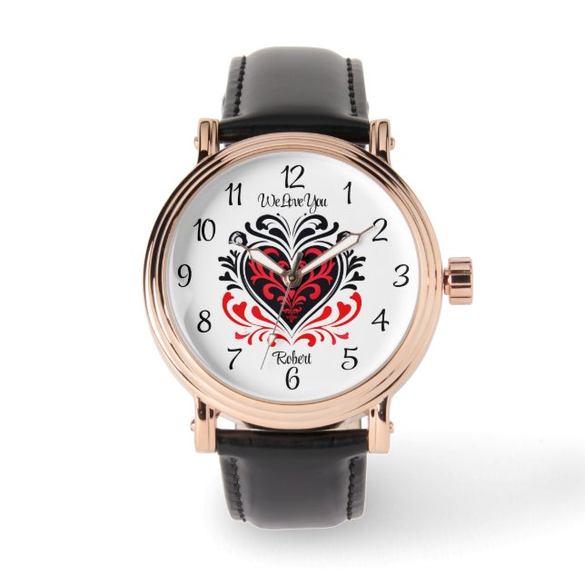 Elegant vet rood en zwart hart motief & naam horloge (Voorkant)