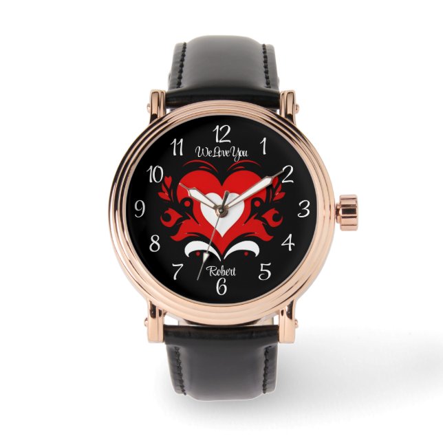Elegant vet rood wit hart tegen zwart & tekst horloge (Voorkant)