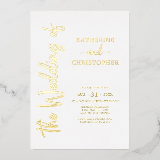 Elegant vet script goud wit formele bruiloft folie uitnodiging (Voorkant)