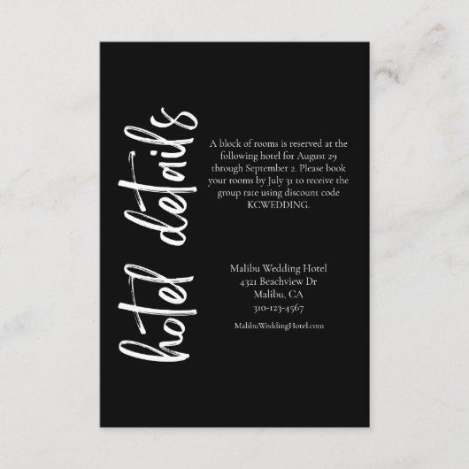 Elegant vet script zwart wit bruiloft hotel informatiekaartje (Voorkant)