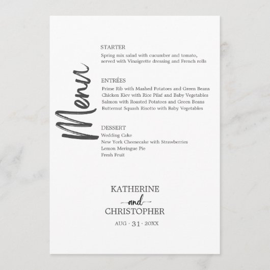 Elegant vet script zwart wit formele bruiloft menu (Voorkant)