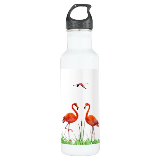 Elegant Vibrant Coral Pink Flamingos & Reed Plant Waterfles (Voorkant)