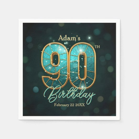 Elegant Vibrant Teal and Gold 90th Birthday Servet (Voorkant)