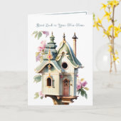 Elegant Victoriaans Birdhouse Good Luck New Home Kaart (Gele Bloem)