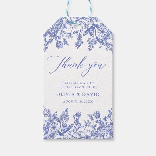 Elegant  Victoriaans Blauw Bloemen Bruiloft Cadeaulabel (Voorkant)