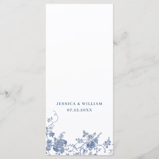 Elegant Victoriaans Blauw Bloemen Trouwdiner Menu (Achterkant)