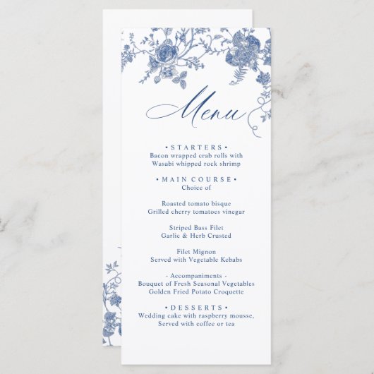 Elegant Victoriaans Blauw Bloemen Trouwdiner Menu (Voorkant / Achterkant)