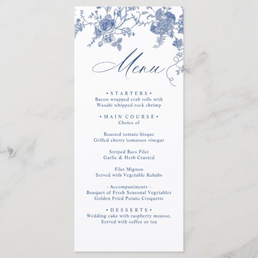 Elegant Victoriaans Blauw Bloemen Trouwdiner Menu (Voorkant)