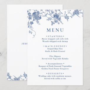 Elegant Victoriaans Blauw Bloemen Trouwdiner Menu