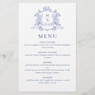 Elegant Victoriaans Blauw Bloemen Trouwmenu