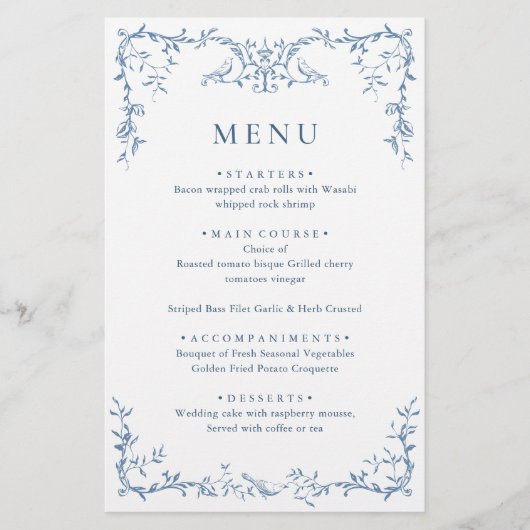 Elegant Victoriaans  Blauw Bloemen Trouwmenu (Voorkant)