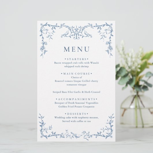 Elegant Victoriaans  Blauw Bloemen Trouwmenu (Staand voorkant)