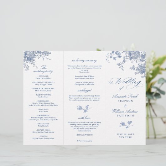 Elegant Victoriaans Blauw Bloemen Trouwprogramma (Staand voorkant)