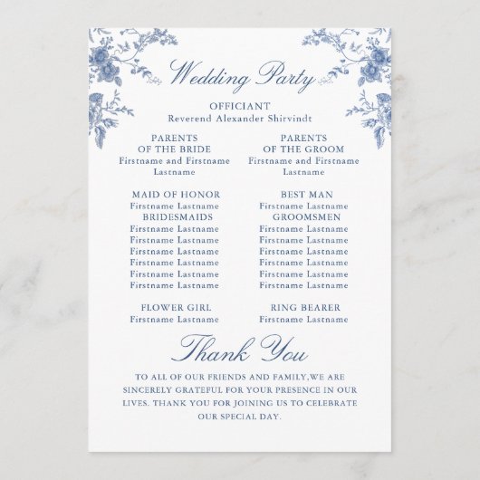 Elegant Victoriaans Blauw Bloemen Trouwprogramma Programmakaart (Achterkant)