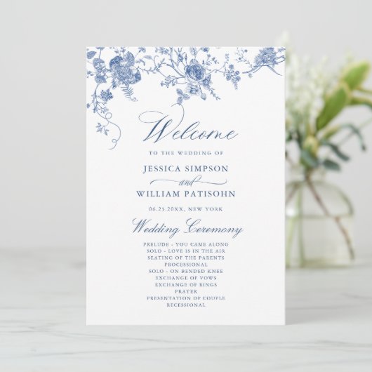 Elegant Victoriaans Blauw Bloemen Trouwprogramma Programmakaart (Staand voorkant)