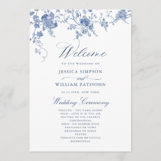 Elegant Victoriaans Blauw Bloemen Trouwprogramma Programmakaart (Voorkant)