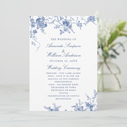 Elegant Victoriaans Blauw Bloemen Trouwprogramma Programmakaart (Staand voorkant)
