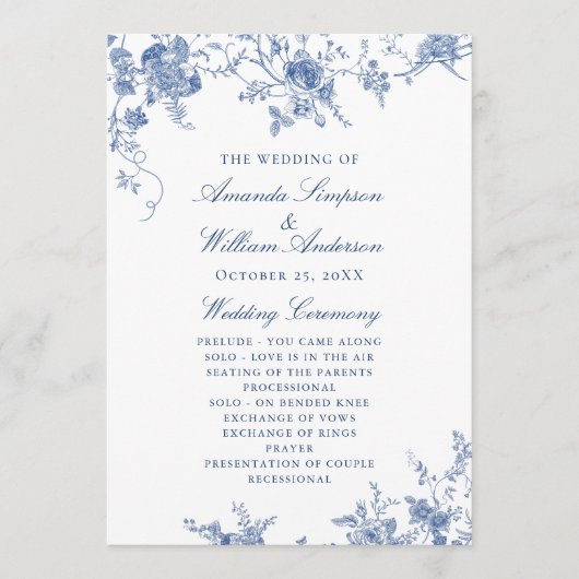 Elegant Victoriaans Blauw Bloemen Trouwprogramma Programmakaart (Voorkant)