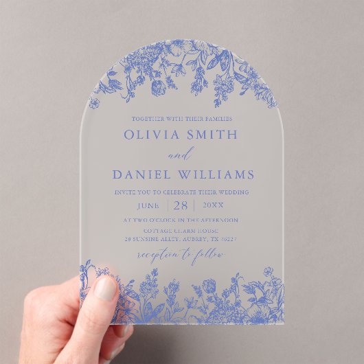 Elegant Victoriaans Blauw Bloemen Wildbloem Bruilo Acryl Uitnodigingen (Insitu (Draagbaar))