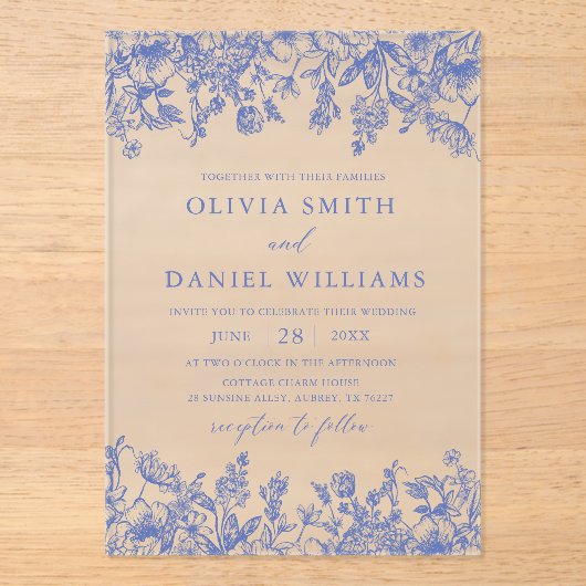 Elegant Victoriaans Blauw Bloemen Wildbloem Bruilo Acryl Uitnodigingen (Voorkant)
