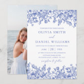 Elegant Victoriaans Blauw Bloemen Wildbloem Bruilo Kaart (Voorkant / Achterkant)