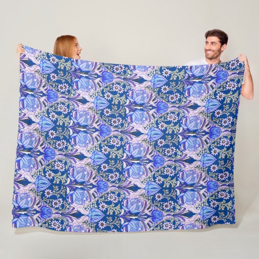 Elegant Victoriaans Blauw Flowers Patroon Fleece Deken (In situ)