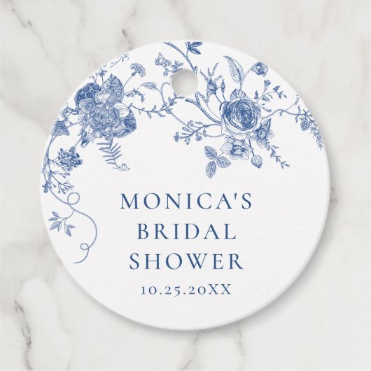 Elegant Victoriaans Blauw Frans Floral Vrijgezelle Bedankjes Labels (Voorkant)