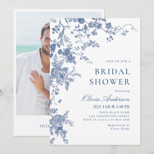 Elegant Victoriaans Blauw Frans Floral VRIJGEZELLE Kaart (Voorkant / Achterkant)