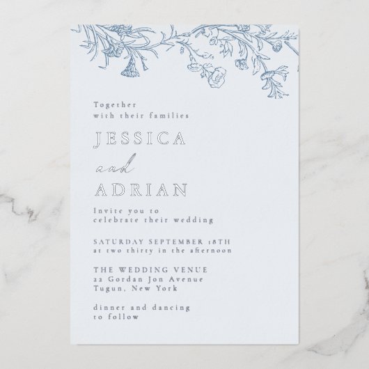 Elegant Victoriaans Blauw Huwelijk Zilver Folie Uitnodiging (Voorkant)