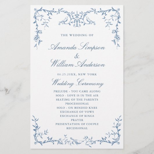 Elegant Victoriaans  Blauw Trouwprogramma (Voorkant)