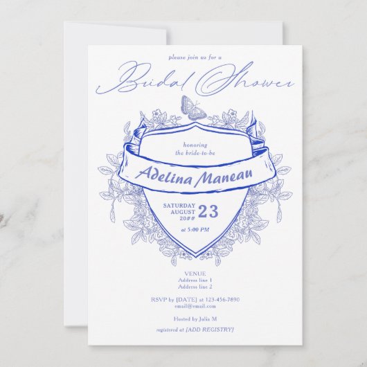 Elegant Victoriaans Crest Blue Vrijgezellenfeest Kaart (Voorkant)