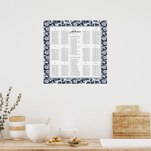 Elegant Victoriaans Damask Wedding Seding Chart Poster (Keuken)