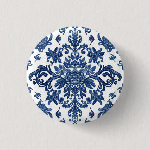 Elegant Victoriaans damast bloempatroon marineblau Ronde Button 3,2 Cm