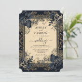 Elegant Victoriaans Donkerblauw Goud Bruiloft Kaart (Staand voorkant)