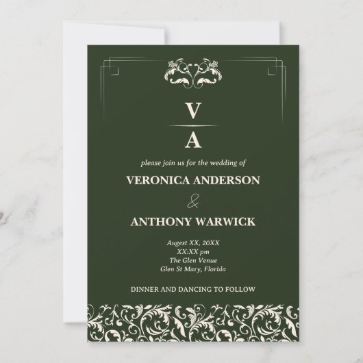 Elegant Victoriaans Forest Green Floral Wedding Kaart (Voorkant)