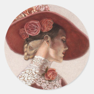 Elegant Victoriaans Lady Fine Art Pet Roos Ronde Sticker