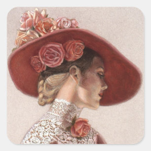 Elegant Victoriaans Lady Fine Art Pet  Roos Vierkante Sticker