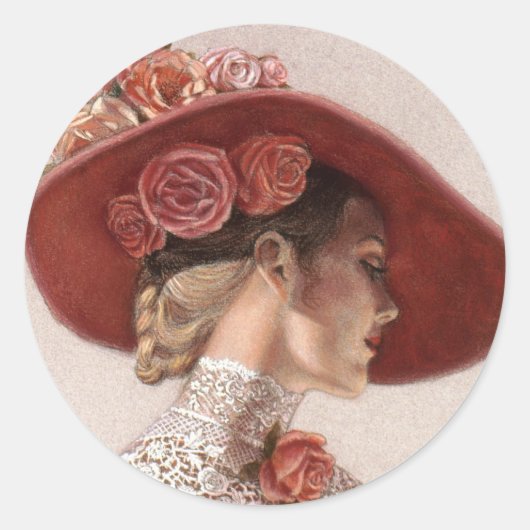 Elegant Victoriaans Lady Fine Art Roos Pet Ronde Sticker (Voorkant)