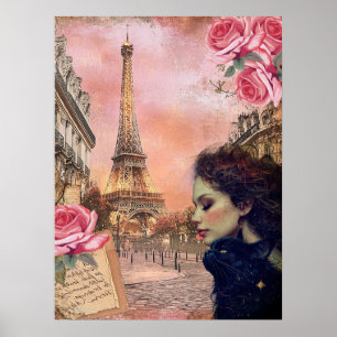 Elegant Victoriaans meisje en zwarte kat in Parijs Poster