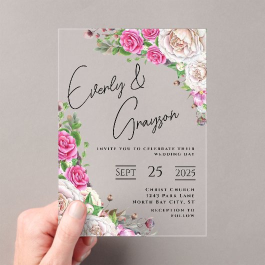 Elegant Victoriaans Roos Bloemen bruiloft acryl in Acryl Uitnodigingen (Insitu (Draagbaar))