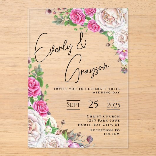 Elegant Victoriaans Roos Bloemen bruiloft acryl in Acryl Uitnodigingen (Voorkant)