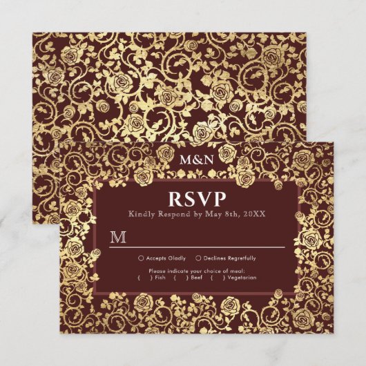 Elegant Victoriaans Roos Gouden Folie Bruiloft RSV RSVP Kaartje (Voorkant / Achterkant)