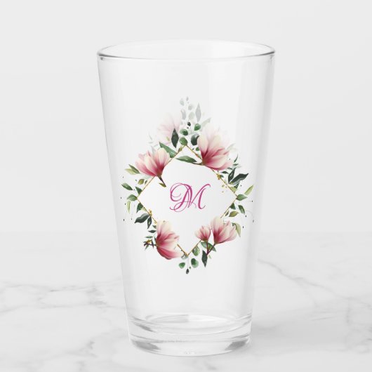 Elegant Victoriaans Roze Floral Border Monogramed  Glas (Voorkant)