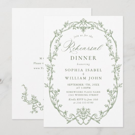 Elegant Victoriaans Sage Green repetitie diner Kaart (Voorkant / Achterkant)